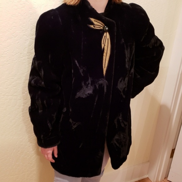 Vintage faux fur coat jacket black leather Medium - Picture 4 of 5